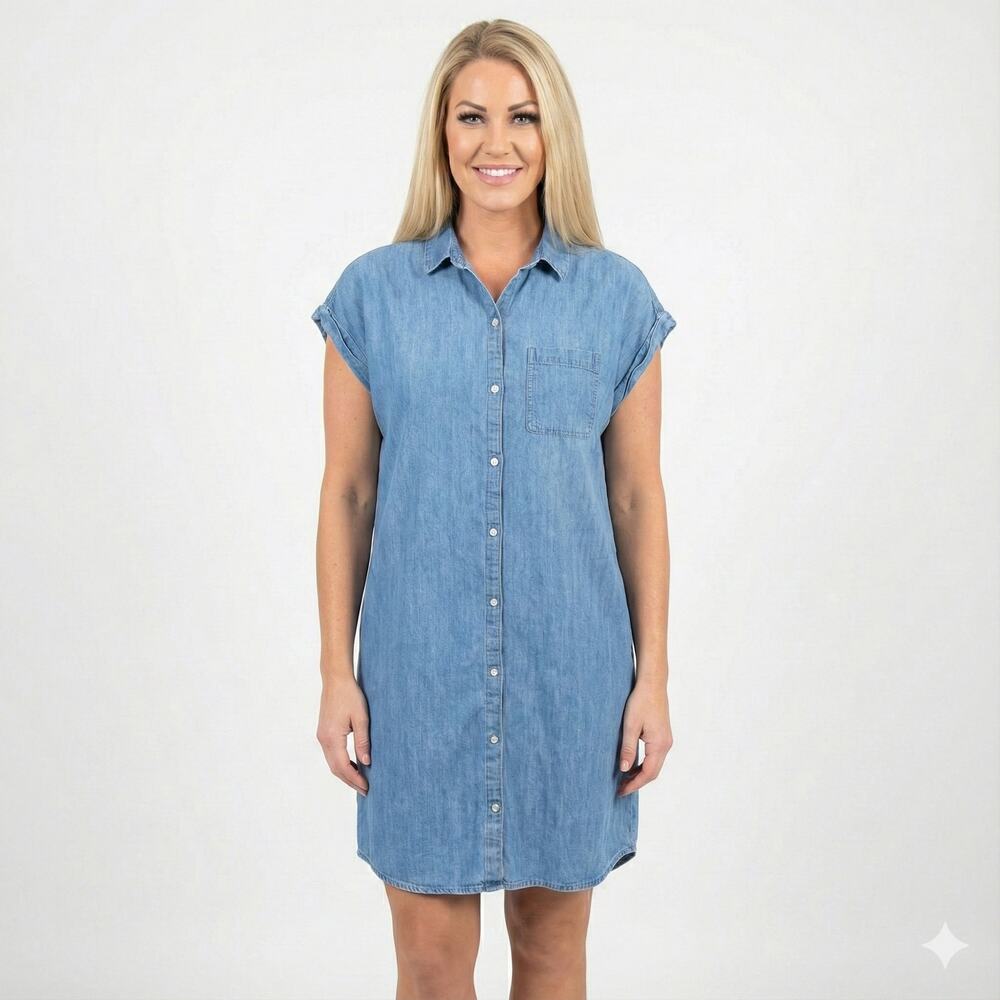 Old Navy Blue Chambray Cap Sleeve Button Up Denim Dress Size L